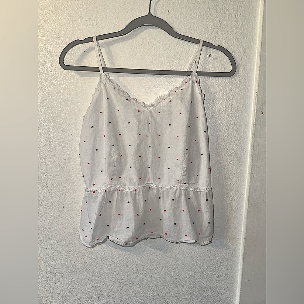 White tank top with blue and red dots  Just try on NEVER USED